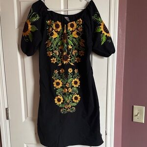Embroidered Black Sunflower Off-Shoulder Dress